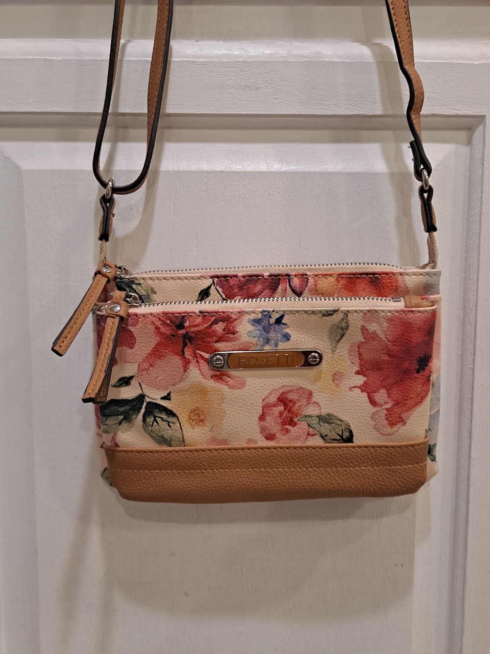 Rosetti Watercolor Floral Print Vegan Tan Trim Cream Base Compact Crossbody Bag